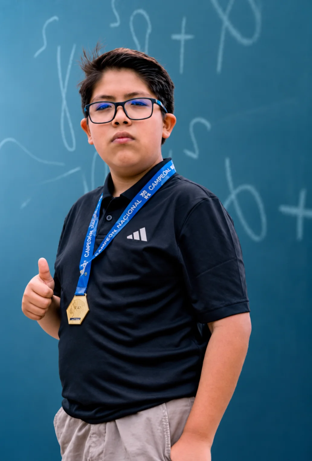 Albert Sardón Cárdenas con su medalla, ante una pizarra de matemáticas