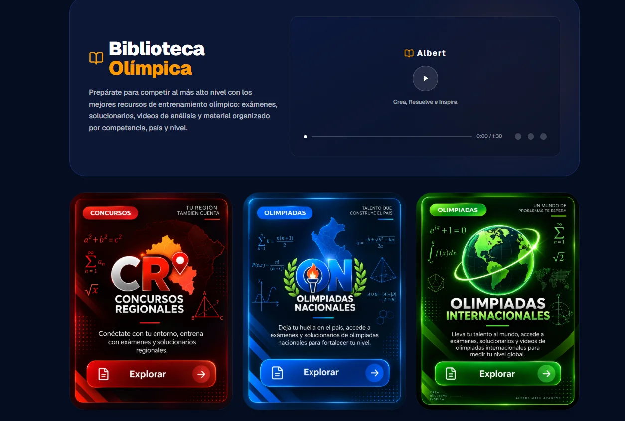 Biblioteca real de Albert Math Academy con concursos regionales, olimpiadas nacionales e internacionales